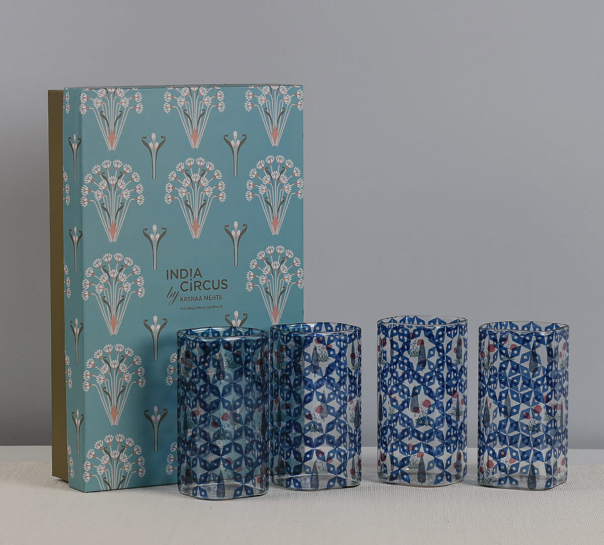 India Circus by Krsnaa Mehta Flowers and Ferns Glass Tumbler Set of 4