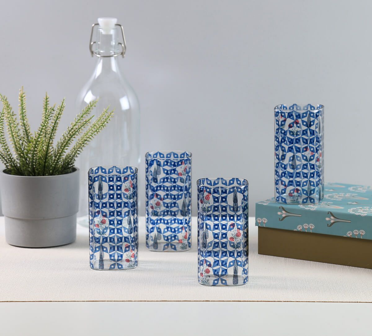 India Circus by Krsnaa Mehta Flowers and Ferns Glass Tumbler Set of 4